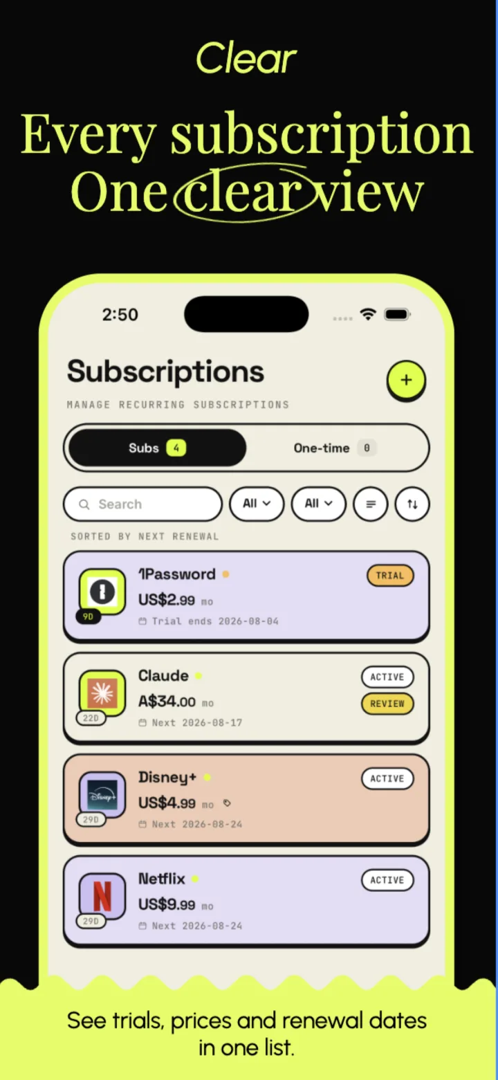 SubsCraft 订阅列表：按下次续费排序，带试用与进行中状态标记